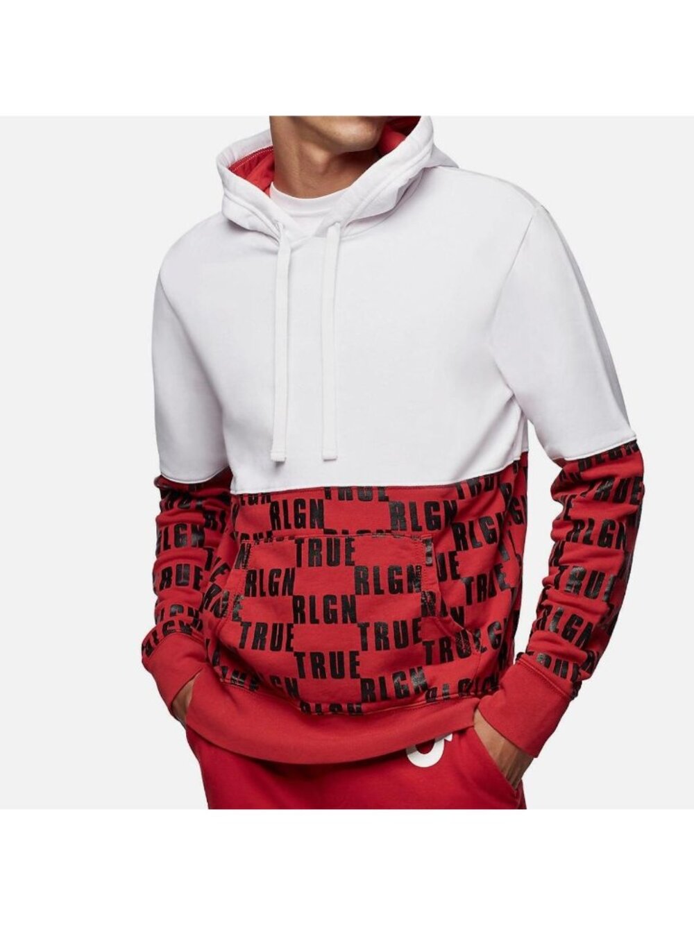 True Religion Men's Monogram Logo Hoodie Sweatshirt White Red Athletic